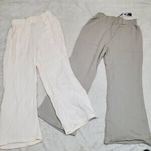 Simply Jules Ivory Gray Crinkle Bohemian Lagenlook Set of 2 High Waist Pants M